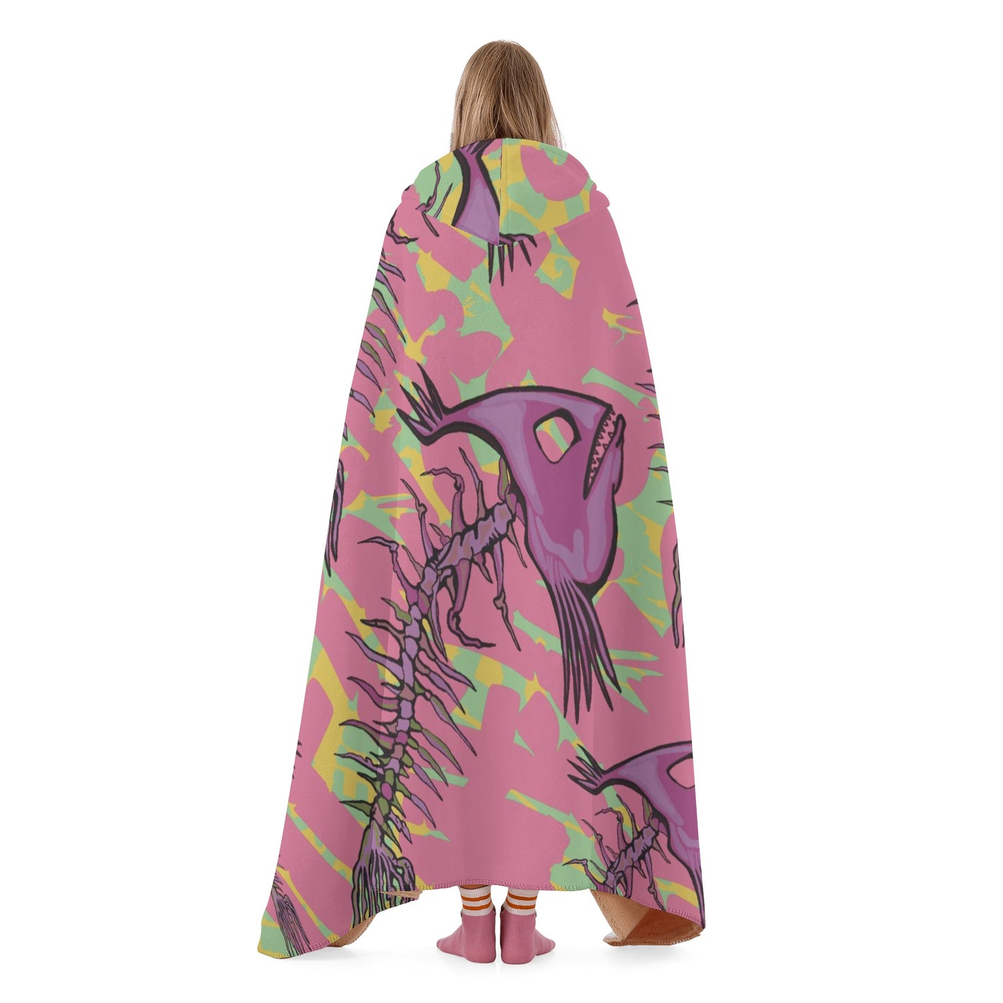 “Pink skeleton fish”. Hooded Blanket