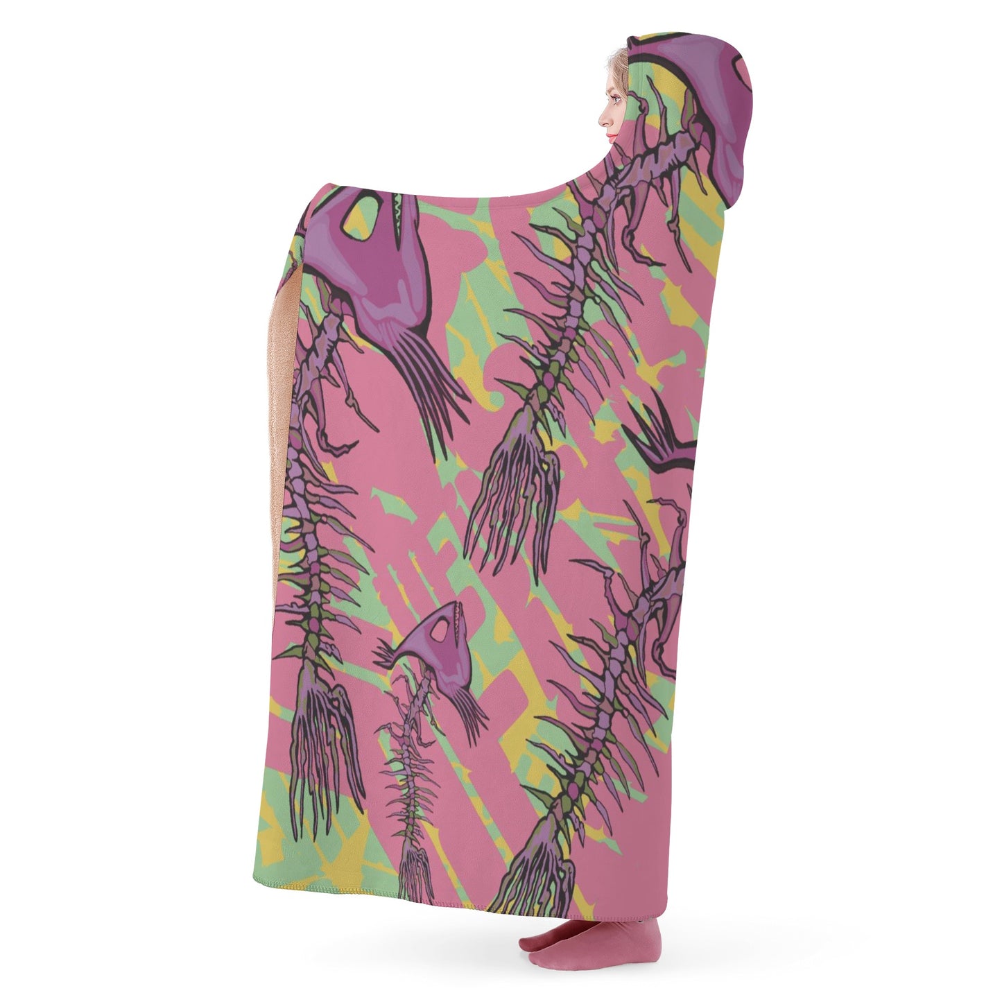 “Pink skeleton fish”. Hooded Blanket
