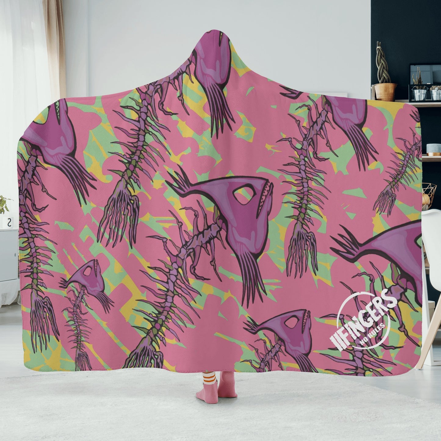 “Pink skeleton fish”. Hooded Blanket