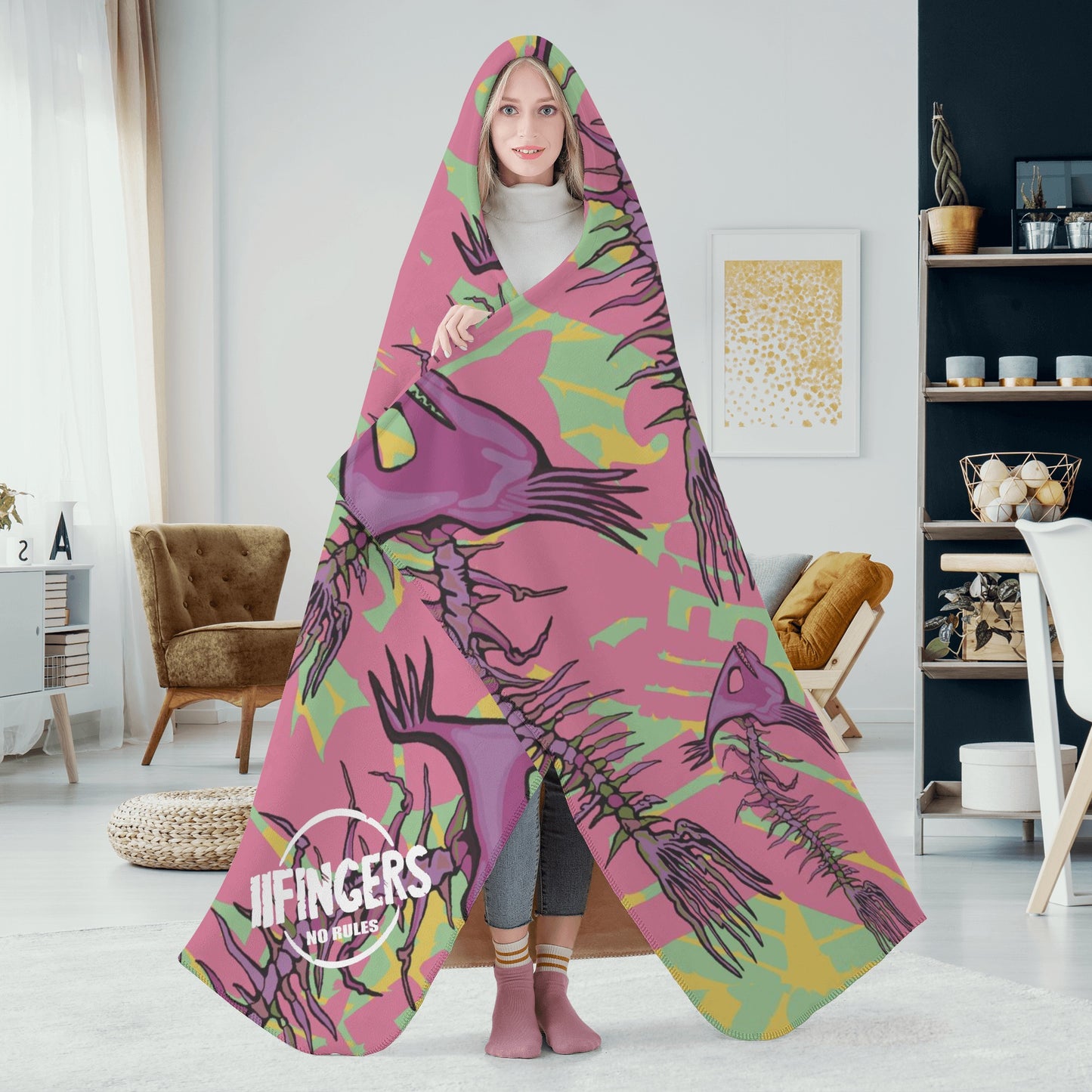 “Pink skeleton fish”. Hooded Blanket